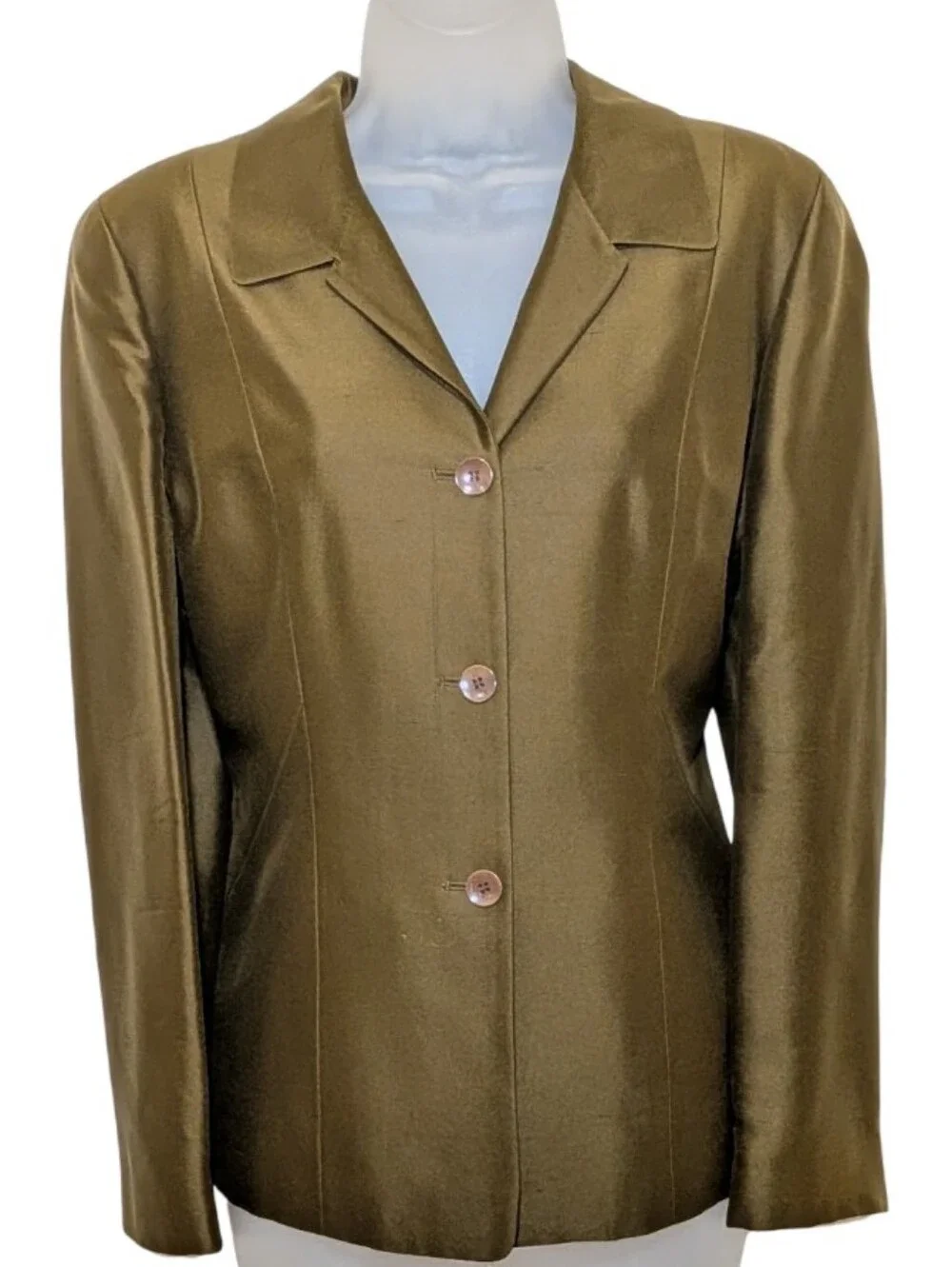 Ann Taylor | Olive Green Women's Tailored Button-Front Blazer | Jacket | Silk
